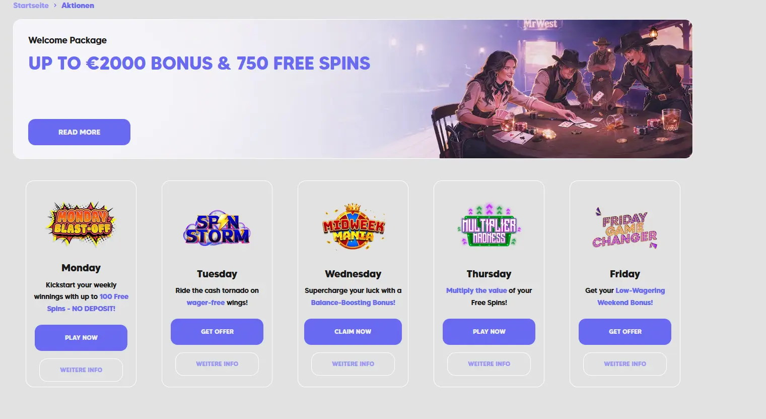 Bonusübersicht und Willkommenspaket bei MrWest Casino