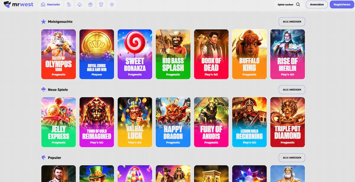 Startseite und Spiellobby von MrWest Casino