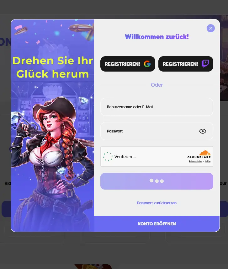 Anmeldemaske von MrWest Casino mit E-Mail- und Passwortfeld