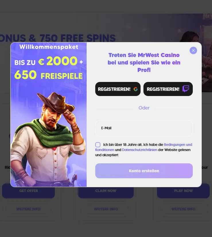 Registrierungsformular von MrWest Casino für ein neues Spielerkonto